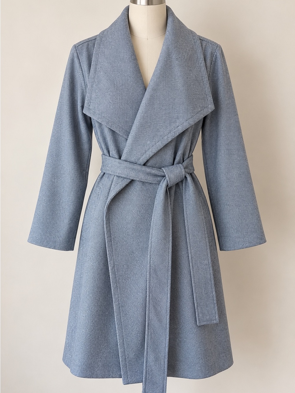 A New Day Blue Belted Wrap Coat Waterfall Collar Size L NWT